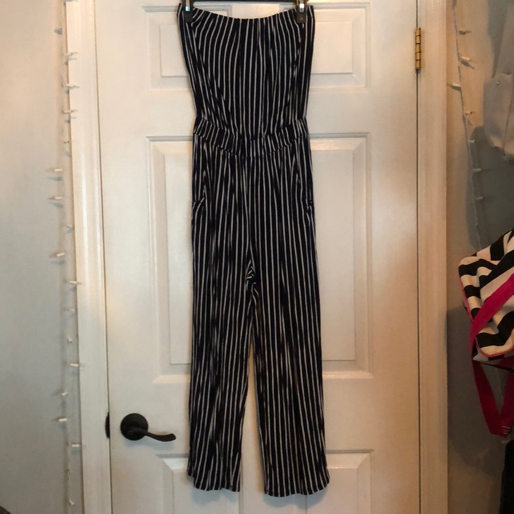 Small Blue and White Cropped Striped Jumpsuit